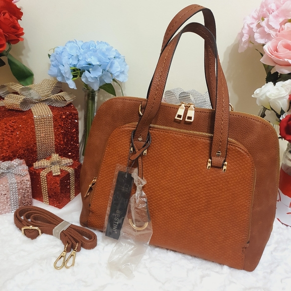 BESTINI Brown Handbag Shoulder Crossbody 2 Way Bag Faux Snake Animal Print NWT - Picture 5 of 16